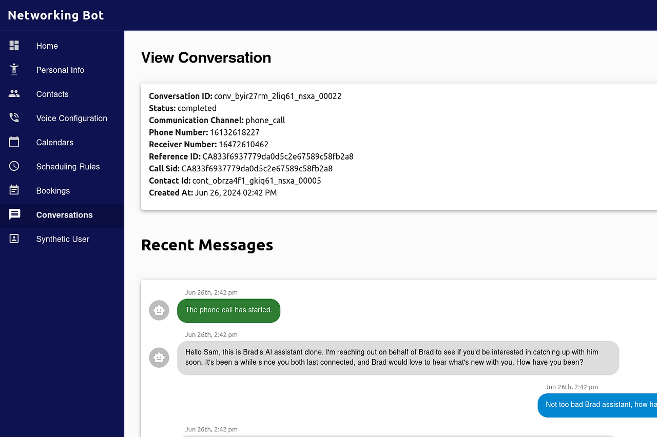 A screenshot of the networking bot talking to a contact